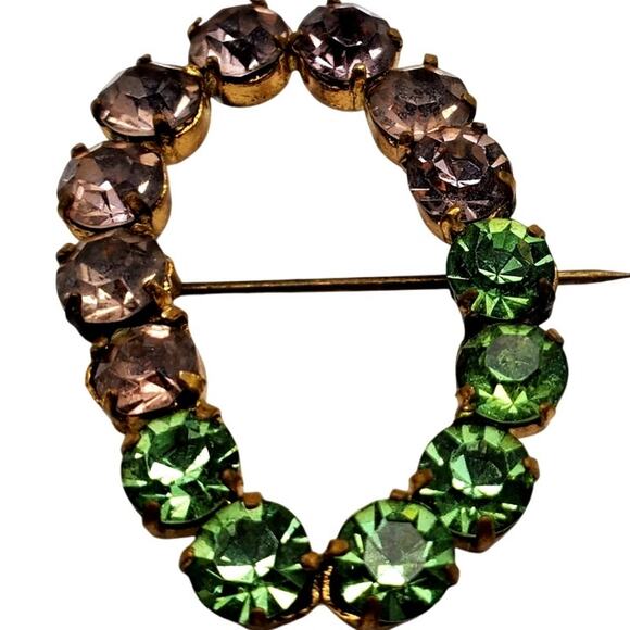 Peridot & Amethyst Rhinestone Brooch Gold Tone Glass Antique Pin Circle Wreath - Picture 2 of 6